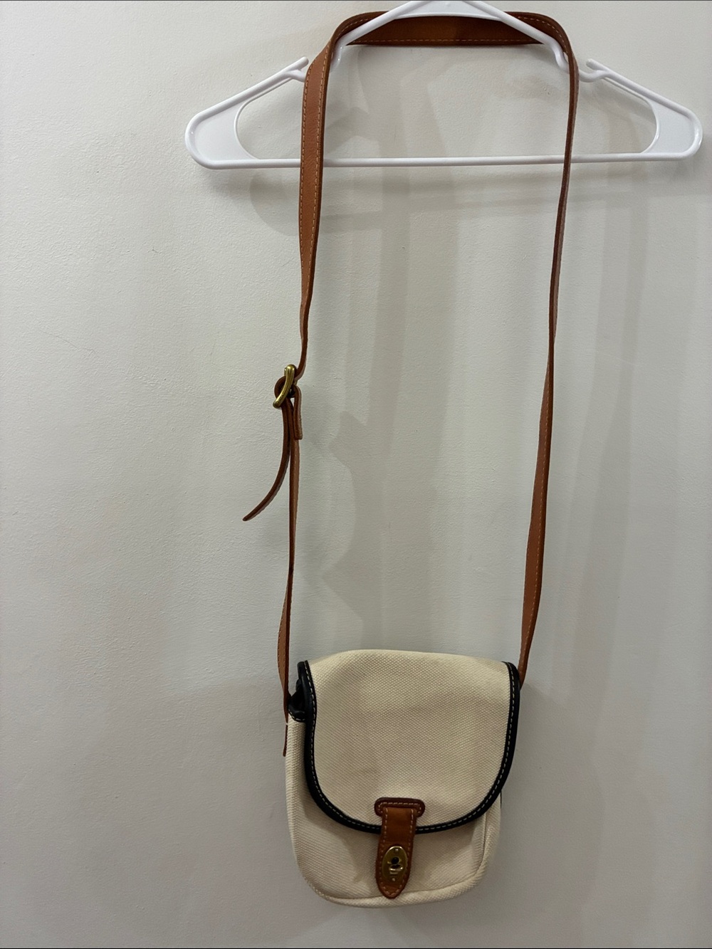 Fossil Classic Cream Crossbody Bag with Tan canvas with Leather Trim